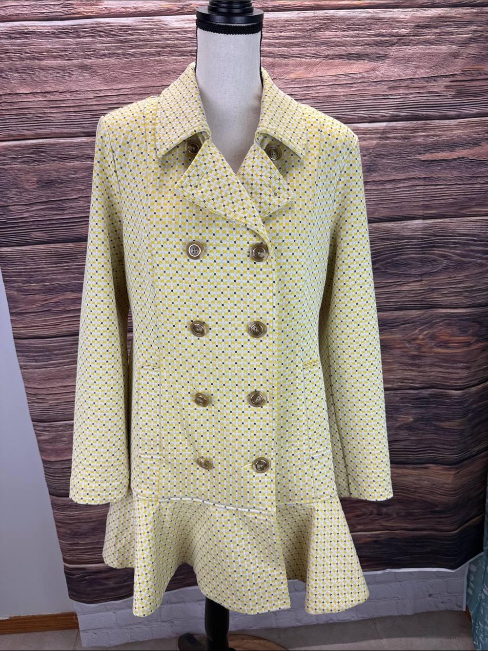 Cabi Hobnob Topper 6249 Yellow Geometric Ruffle Flounce Peplum Coat Back Vent S